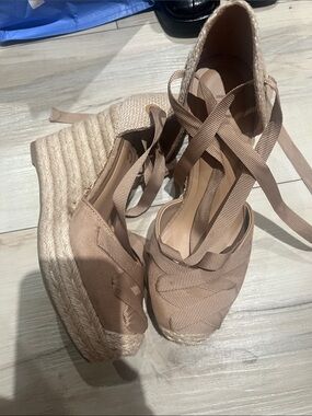 Womens Beige Espadrille Platform Wedge Sandals with Wrap Ties